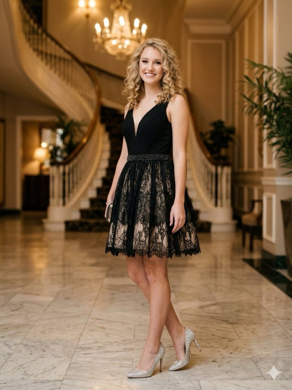 Sherri Hill Black Lace V-Neck Fit-and-Flare Mini with Nude Underlay